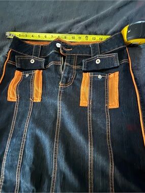 Crest Black Denim Skirt with Orange Trim and Stitching